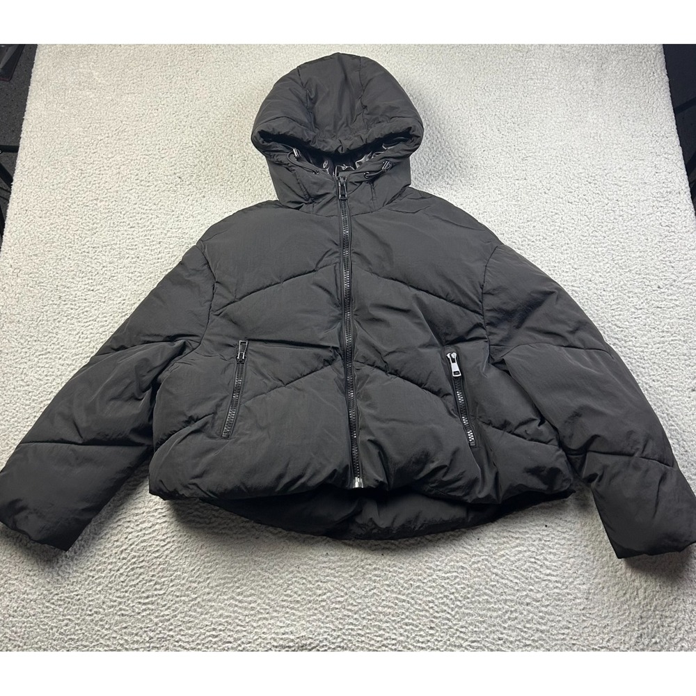 Zara Puffer Jacket Womens Black Cropped Hooded Quilted Winter Coat Size XL